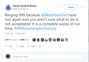 Fanii lui West Ham sunt avertizați să nu mai sune la numărul de urgențe 999!